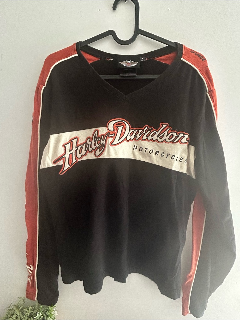 Harley-Davidson Motorcycle Orange & Black Long Sleeve Top embroidered logo Large